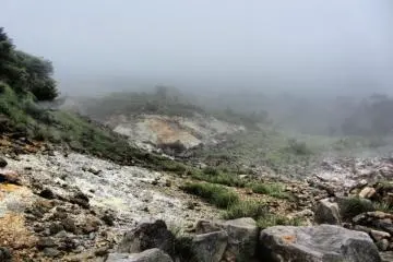 Owakudani is often covered by fog or steam from the hot springs. The mist gives an eerie feeling as you walk through the valley.