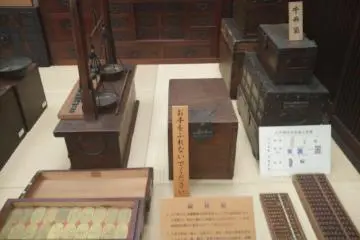 Boxes used for storing money and a weight used to measure how heavy the money is