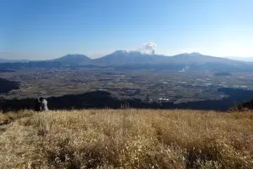 <p>A view from Daikanbo lookout of the five peaks of Mt Aso</p>