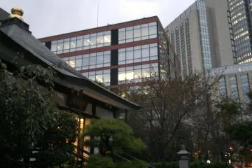 <p>Myoko Temple nestled amongst modern high-rise buildings.</p>