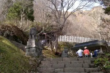 <p>A cat's point of view towards the shrine with Mt. Togakushi in the background. People line up to cleanse themselves with water from the spring.</p>