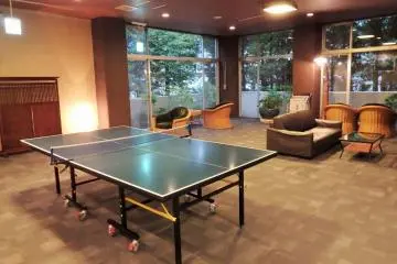 <p>Just off the lobby is a recreation space containing a ping pong table.</p>