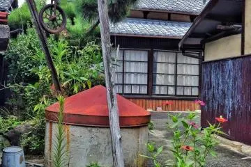 The path winds up past some nice old houses. Here's an old well with some flowers growing from a crack.