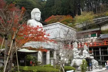<p>Patung Buddha yang sedang duduk dan batu suaka, keduanya diukir di India dan dipersembahkan di Kuil Tsubosaka untuk pengakuan dan rasa terima kasih atass kontribusinya dalam menolong memberantas penyakit kusta di India</p>
