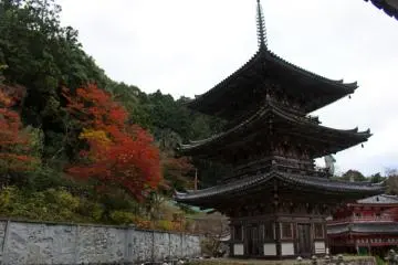 <p>Pagoda 3 lantai dan warna musim gugur di atas dinding dengan ukiran timbul</p>
