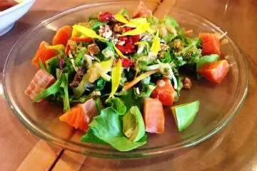 A garden of yellow, green and pink. What looks like a deconstructed california roll is healthy and tasty with the addition of superfoods.  