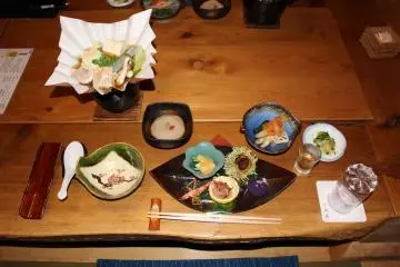 <p>The kaiseki course dinner. Yamato chicken nabe hot pot is in the top left</p>
