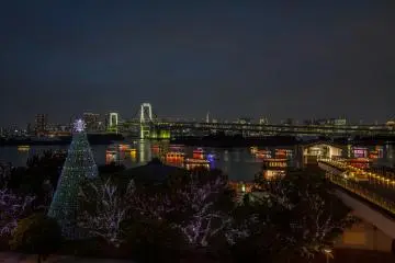 <p>Illuminated trees, Yakatabune pleasure boats and the Rainbow Bridge at Odaiba</p>
