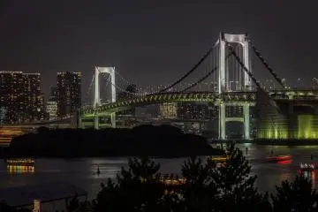 <p>Illuminated Rainbow Bridge at night, seen from Odaiba</p>

