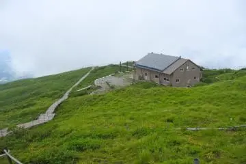 Looking down from the summit. The summit lodge offers toilets, shelter and a place to sleep