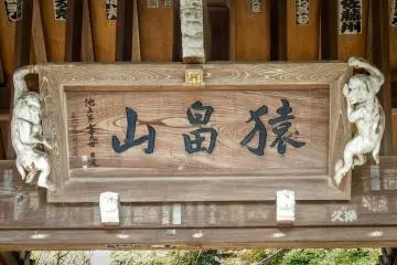 A close up of the inner roof shows three Japanese characters, the last one meaning monkey, for which this temple is famous for

