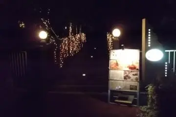 <p>The entrance after dark, with the lights guiding you through the trees</p>