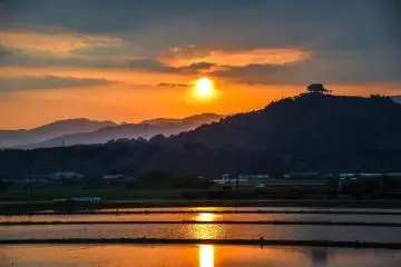 Un coucher de soleil surplombant les rizières