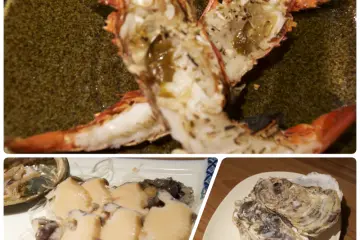 A simple meal of spiny lobster, abalone and oysters at Suzuki Fisheries on Gekuu Street.