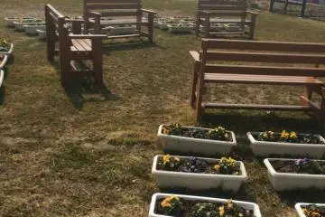 Rows of planters and chairs in memory of those who lost their lives in the tsunami in 2011.