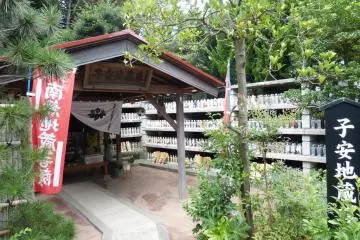 The statues are tucked away in a back corner of the temple yard