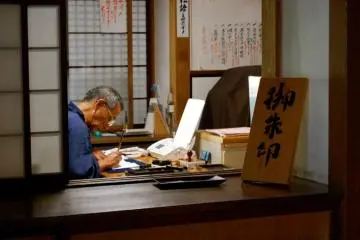 Meigetsu-in Temple Priest signs my book with great concentration
