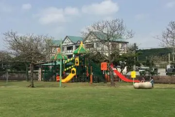 Children's playground in the middle of the lawn. 