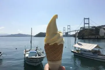 Gearing up for the last and longest bridge with mikan (orange) flavored ice cream! There are plenty of rest stops and convenience stores along the way where you can rest and refuel for the long journey.