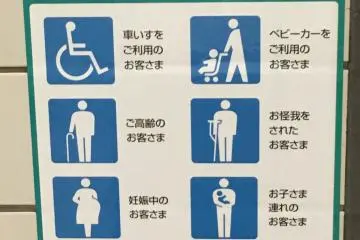 These signs near elevators advise others to give priority to those in need. Many people ignore these signs, so still expect to wait your turn.