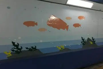 Painted fish cover the walls of the tunnel