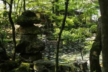 Traditional Japanese statues throughout.