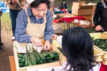 Street stalls selling mochi wrapped in leaves.