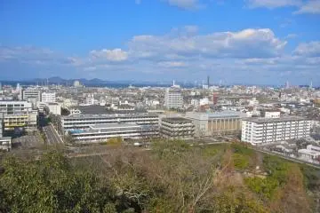 Looking north across Marugame toward the Seto Inland Sea. The Seto Ohashi Bridge is visible in the distance