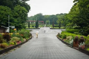A woman strolls with her pet dog
