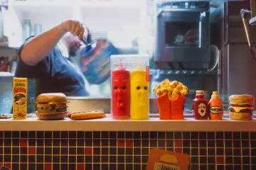Quirky and retro deco in the restaurant; burger being grilled at the back