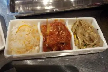 Korean fixings, including a fairly mild kimchee in the center