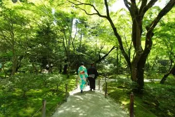 A couple wearing kimono strolling inside the Zen temple
