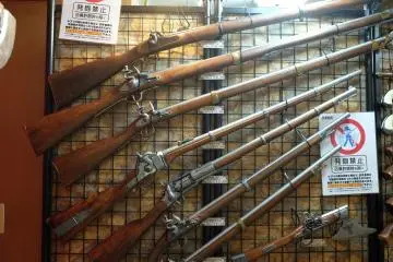 Many weapons are on display