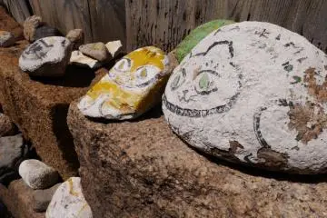 Many rocks with cute cat designs line the small streets