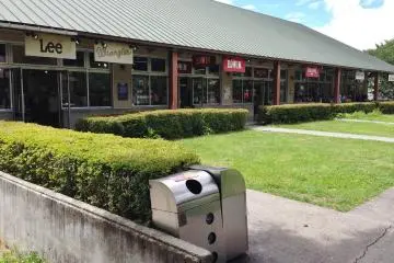 Stores around a grassy center