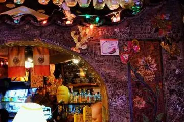 Multicoloured lights make the restaurant a surreal environment