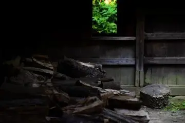 Piled-up firewood beside the house