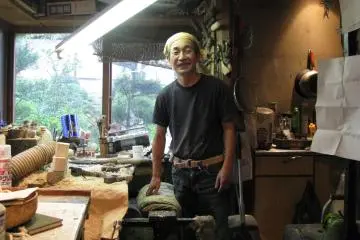 Kokeshi master at his workshop, Kokeshi-Mura, Miyagi Prefecture