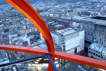 Observation deck has an unusual shape and red frame