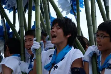 Young men support with bamboo poles