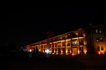 Illuminated Red Brick Warehouse at night