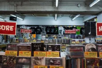 Merch, CD's, casette tapes and records fill every inch of this underground paradise