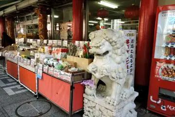 Stone lion next to a souvenir shop