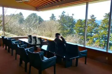 Cozy lounge chairs facing Ashinoko Lake