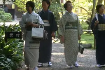 Women in kimonos strolling at Akishinodera