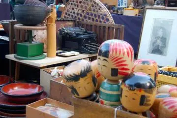 Kokeshi, Japanese platters, baskets and type writer