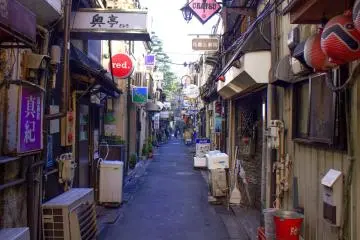 Tiny shops crowd both sides of the street