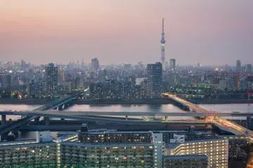 Tokyo city and Tokyo Sky Tree view taken from Tower Hall Funabori observatory deck