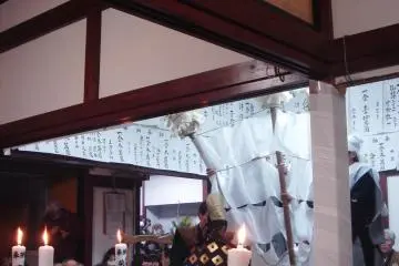 A sacred ceremony is held on stage before the Noh performance begins