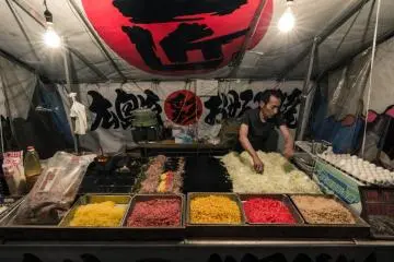 Okonomiyaki is just one of the many delicious dishes available for purchase at the Satte Sakura Festival